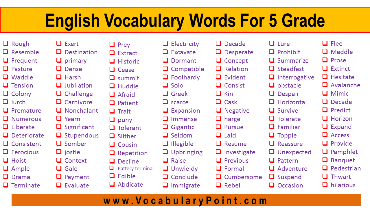 English Vocabulary Words For Class 5