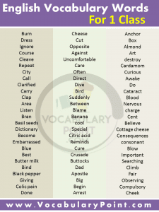 English Words For Class 1 Pdf - Vocabulary Point