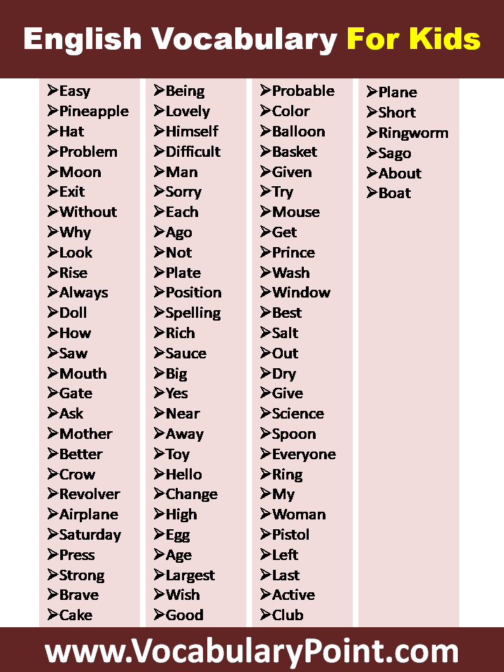 Simple English Words Daily Use For Kids