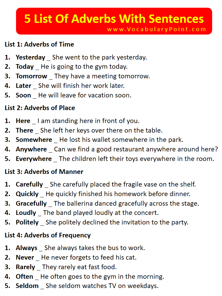 5 List Of Adverbs With Sentences