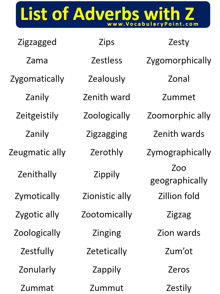 List of Adverbs with Z