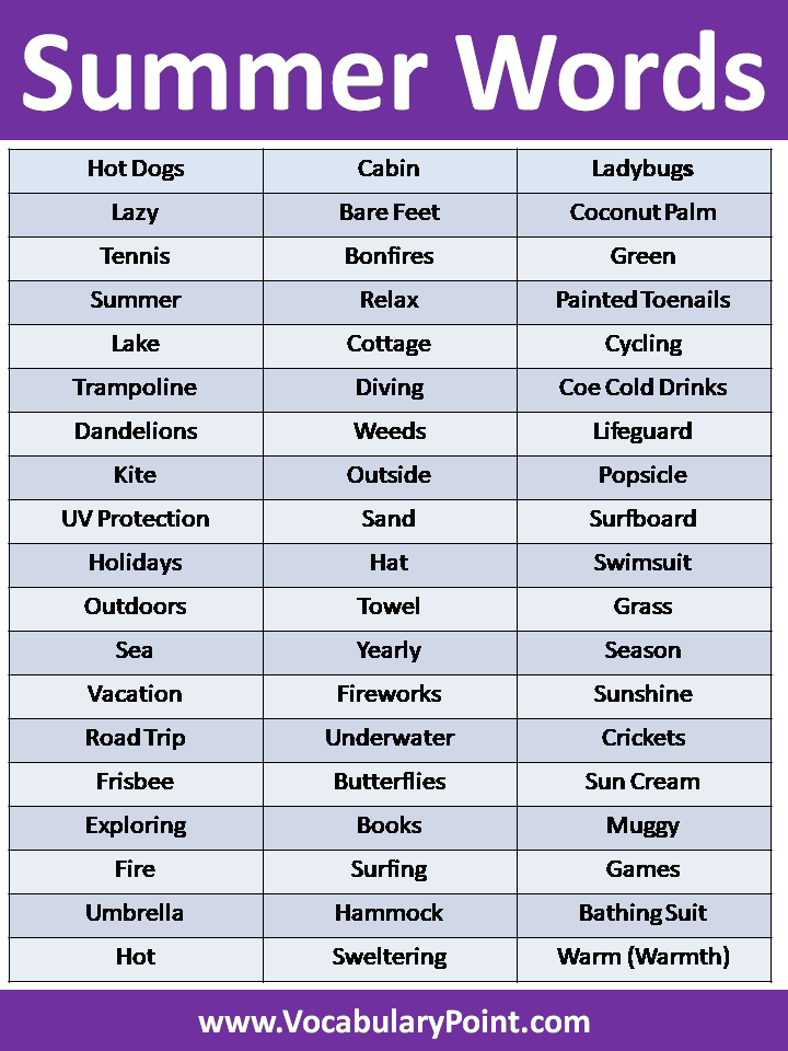 List Of Summer Words Vocabulary Point