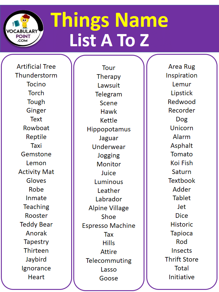 A To Z Things Name List