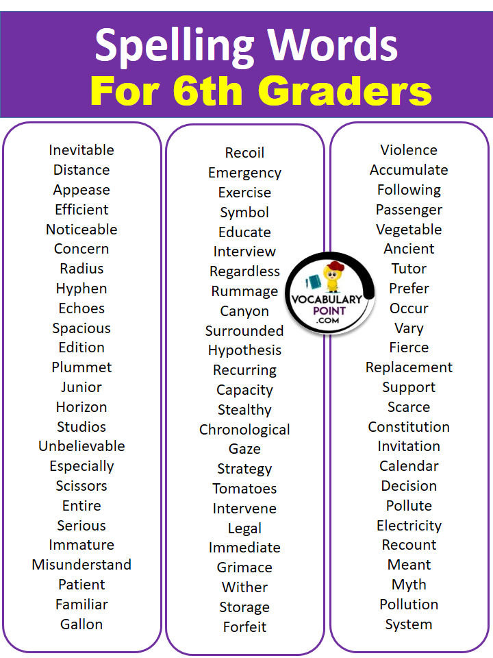 Hard Spelling Words For 6th Graders
