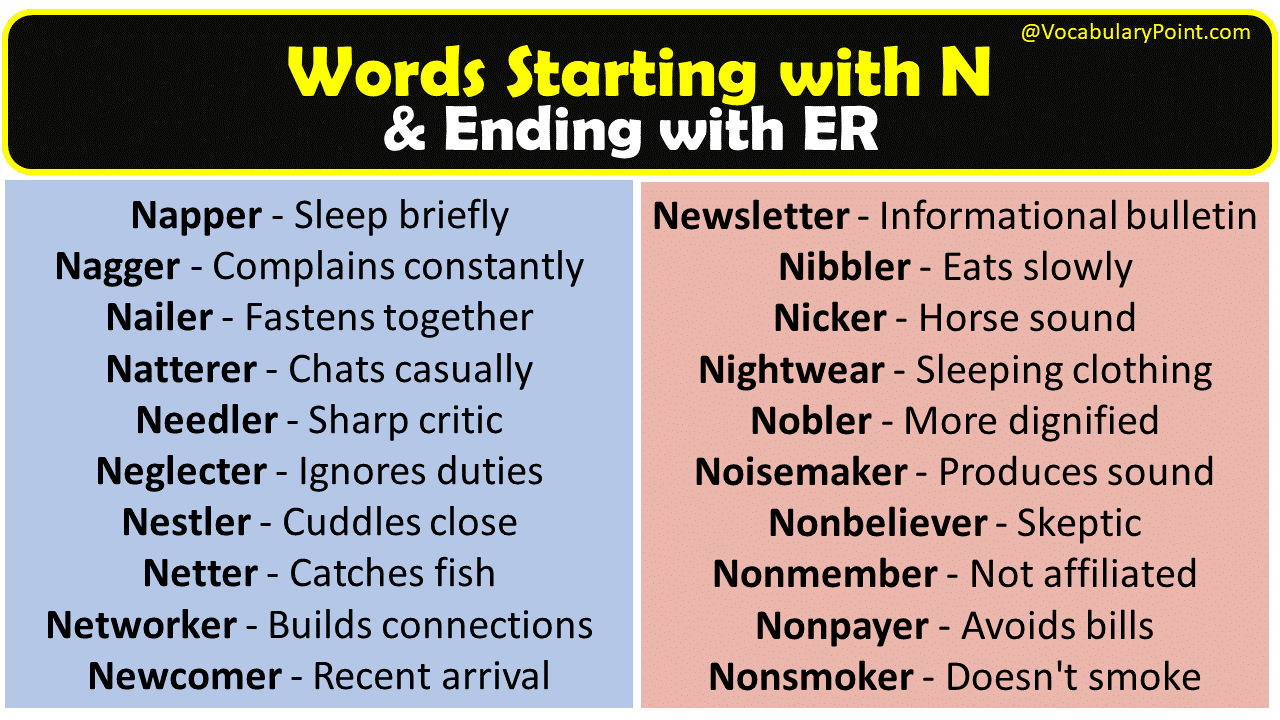 Vocabulary words that start with n and end with er