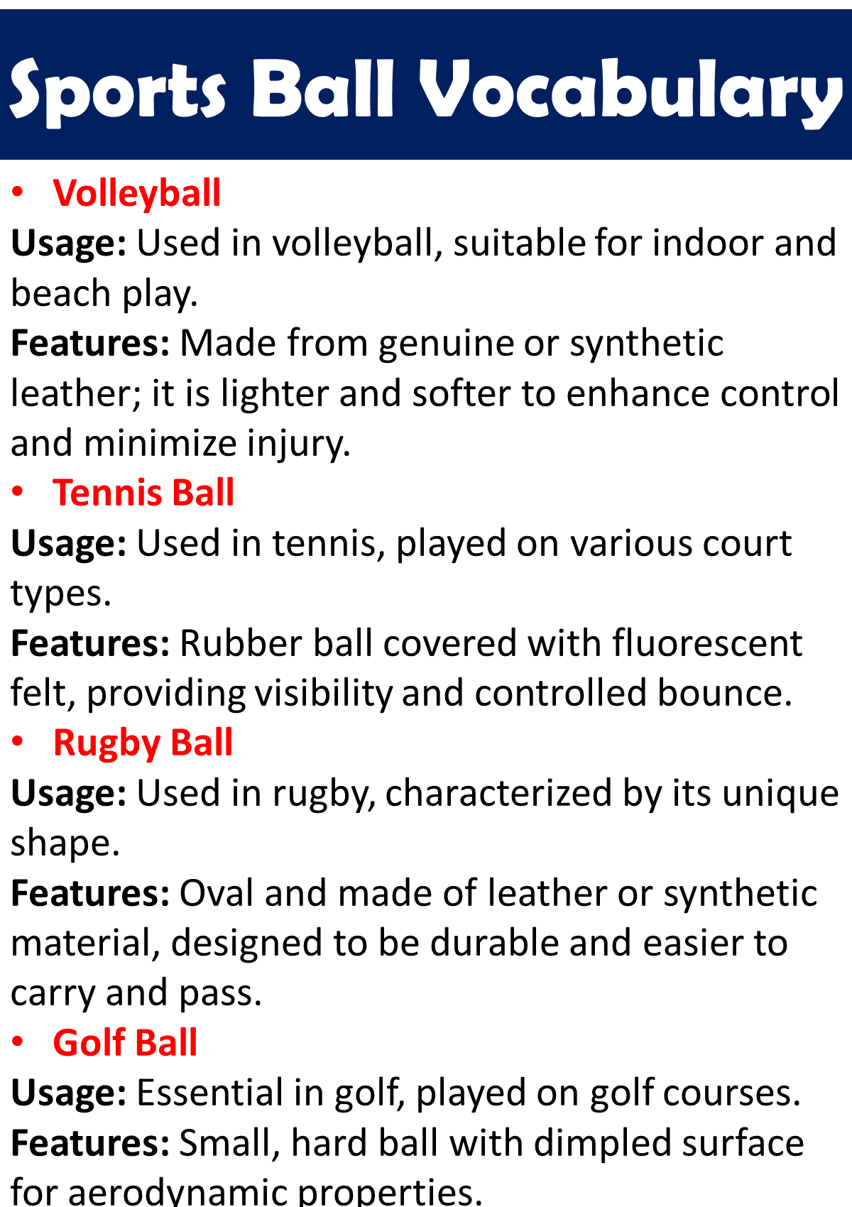 Sports Ball Vocabulary