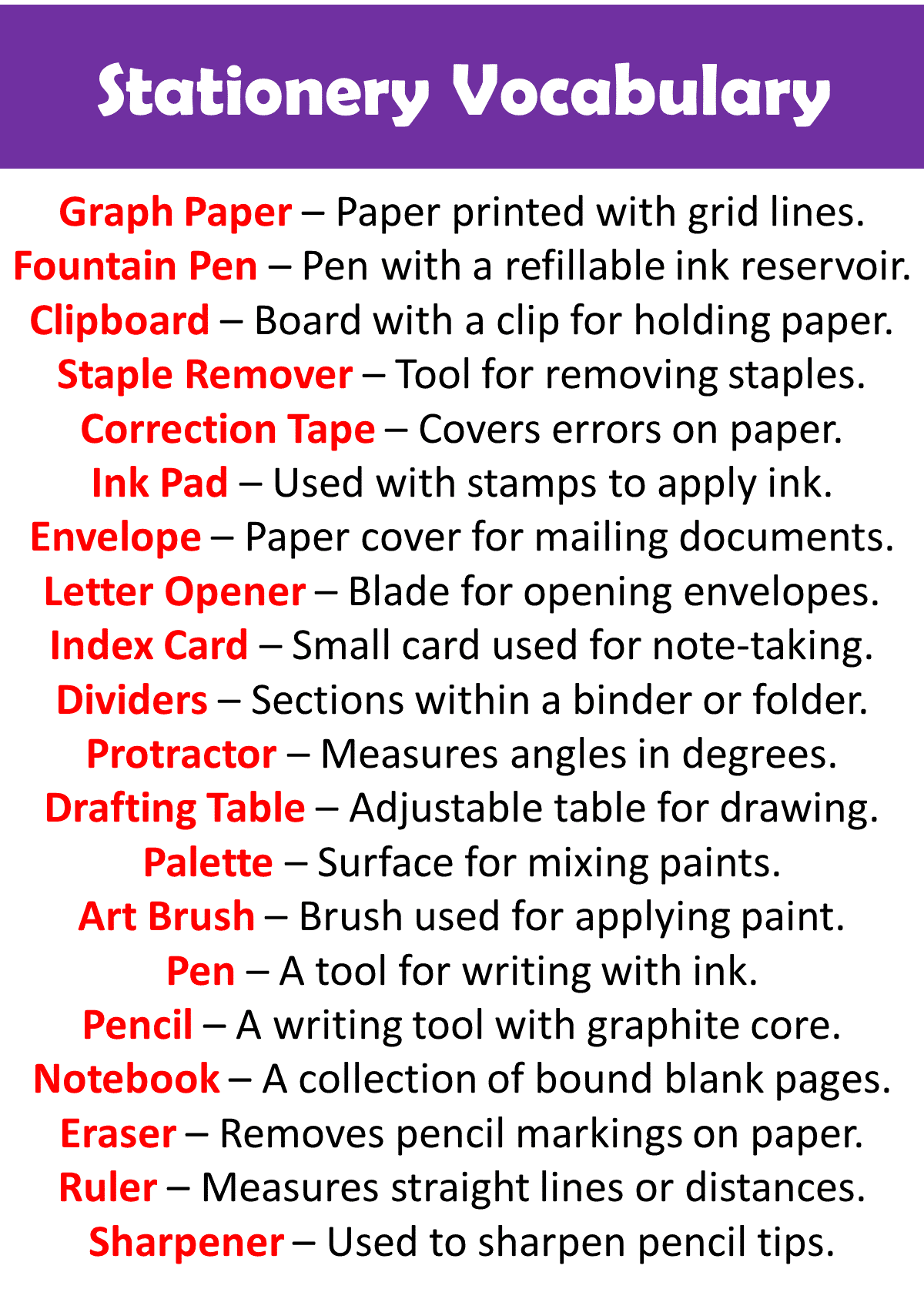 Stationery Vocabulary in English